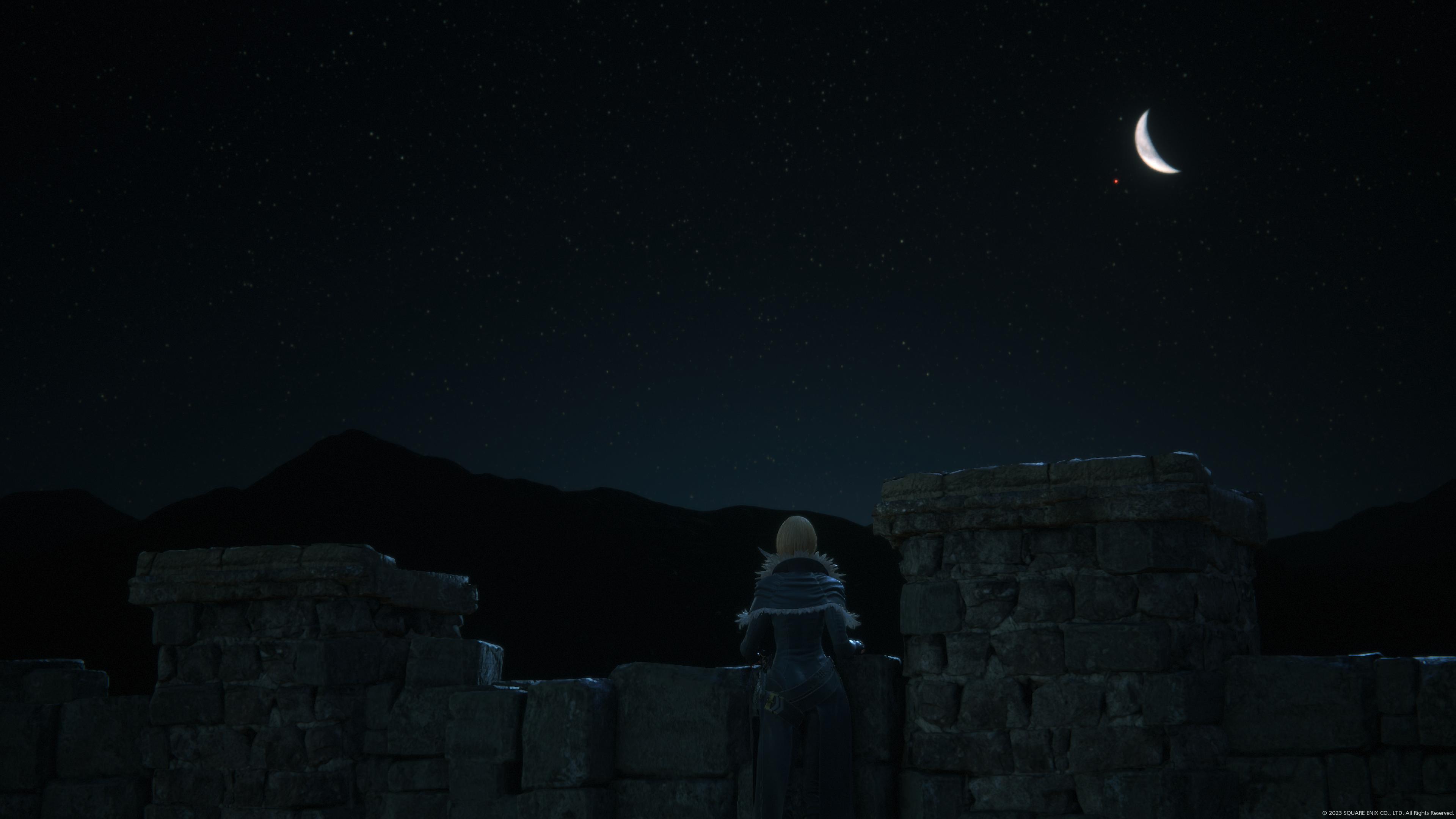 Benedikta looking pensively up at the night sky