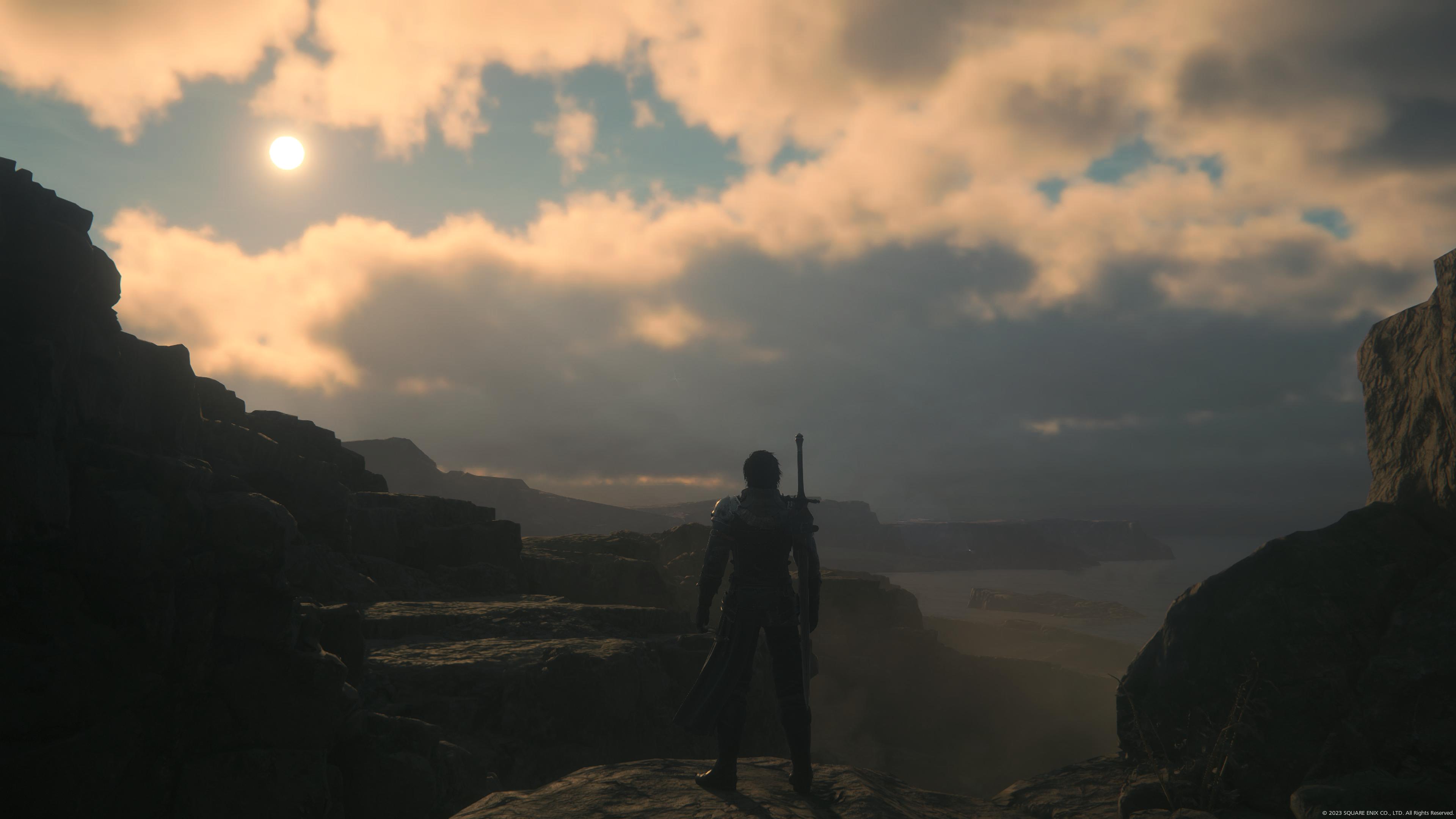 Clive looking out upon a shattered landscape at the beginning of the game
