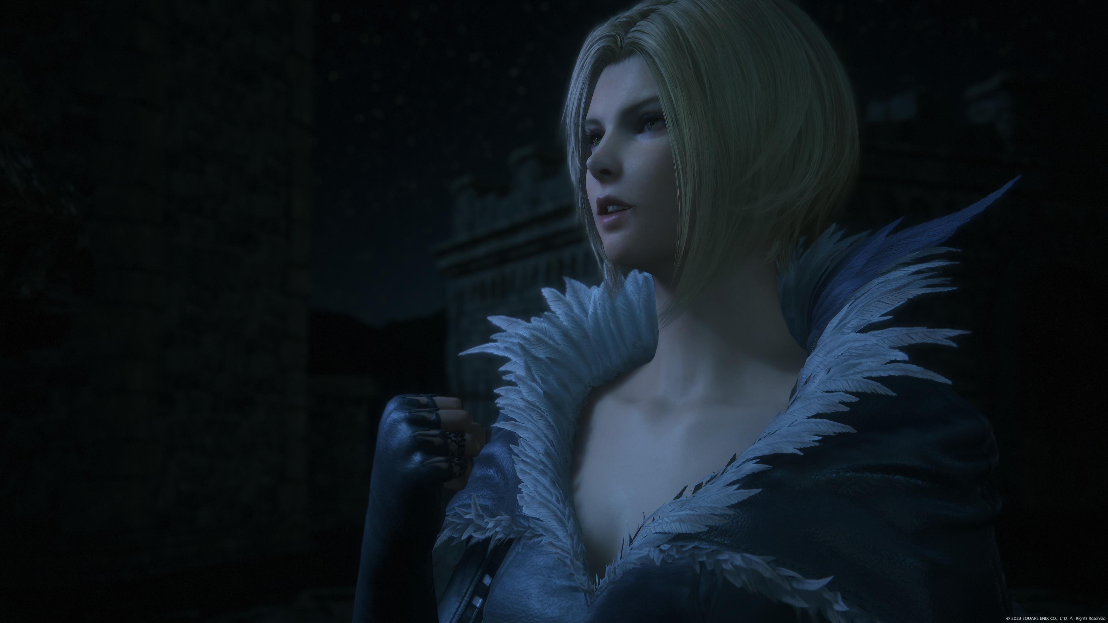 Benedikta looking to the left.  You can see her feather and leather top well