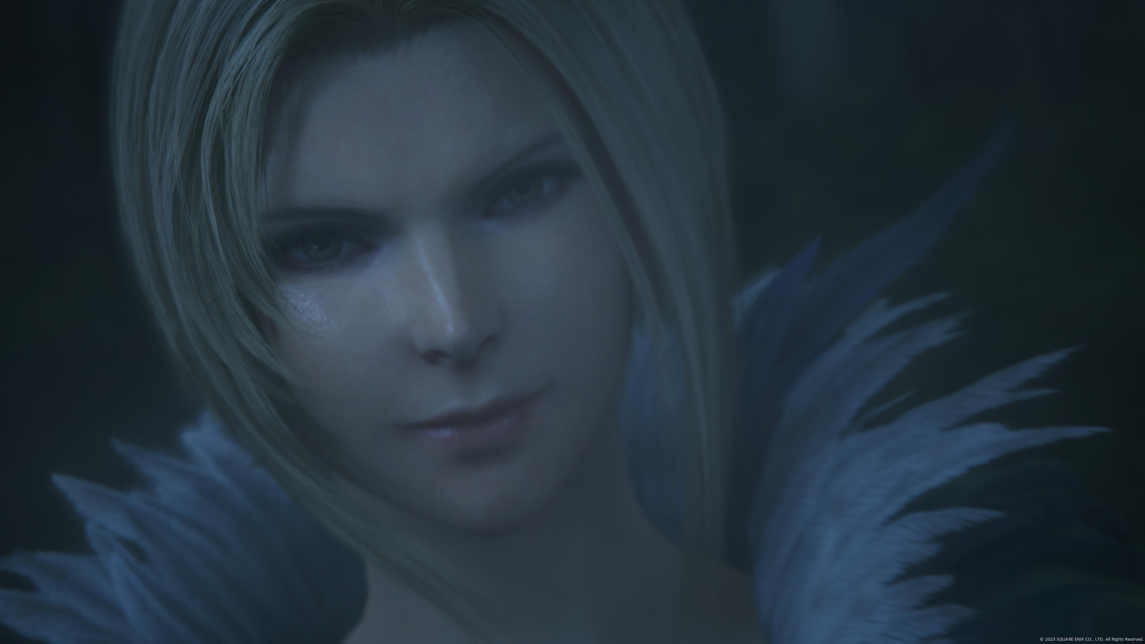 Close shot of Benedikta looking at the camera
