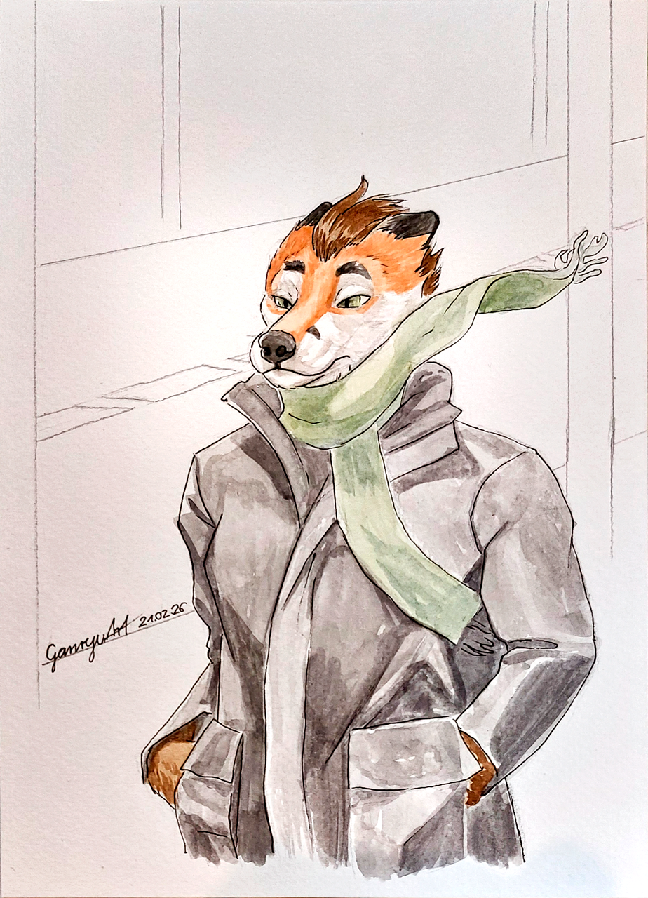 A watercolor painting of an anthro fox in a grey jacket on a windy street.