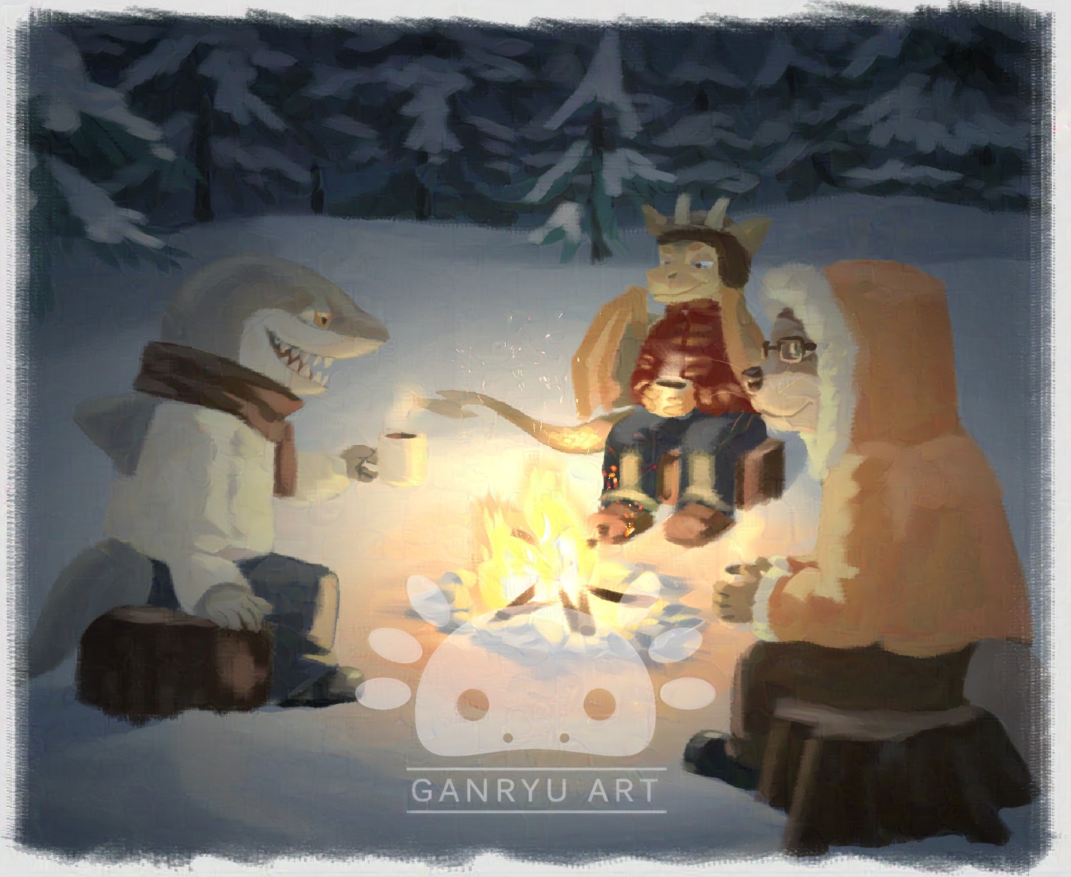 A  digital painting of a campfire scene in a snowy landscape. Three animal friends are sitting on logs around the fire with mugs in their paws.