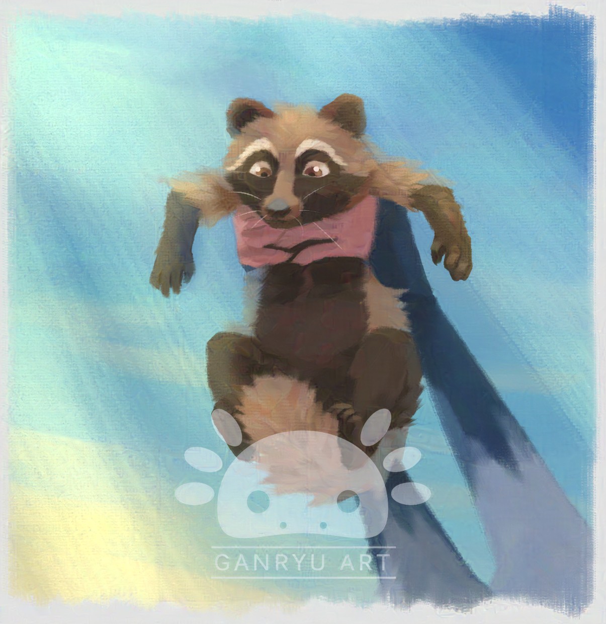 A digital painting of a raccoon dog cub being held up high in the air. It imitates a key scene from the Lion King movie.