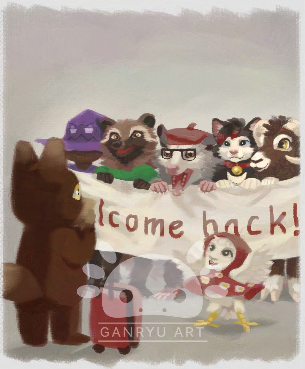 A digital painting of a group of animals and one human welcoming back a traveler. The viewer is looking over the shoulder of the surprised wolf beside his suitcase. The group is standing with big smiles holding up a welcome back - banner.