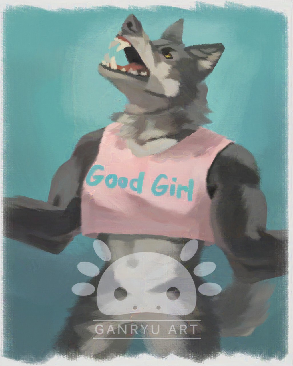 A digital painting of a werewolf screaming into the heavens. She's wearing a good girl crop top. The half length portrait is humorous in nature.