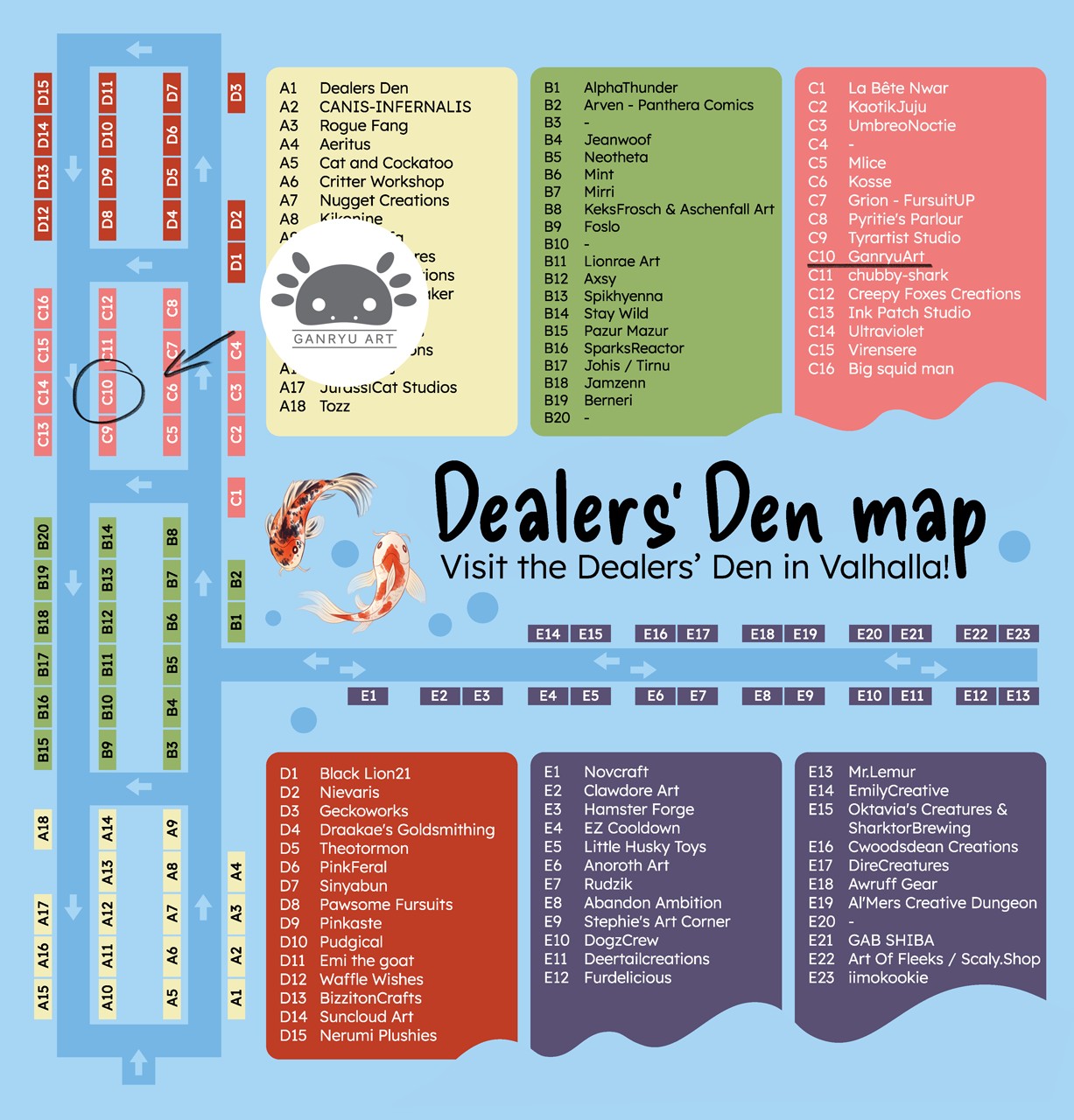 A map of the Dealers Den at NordicFuzzCon 2025. The artist, GanryuArt, highlighted his place on the map by circling the position of the table and placing his logo beside it.