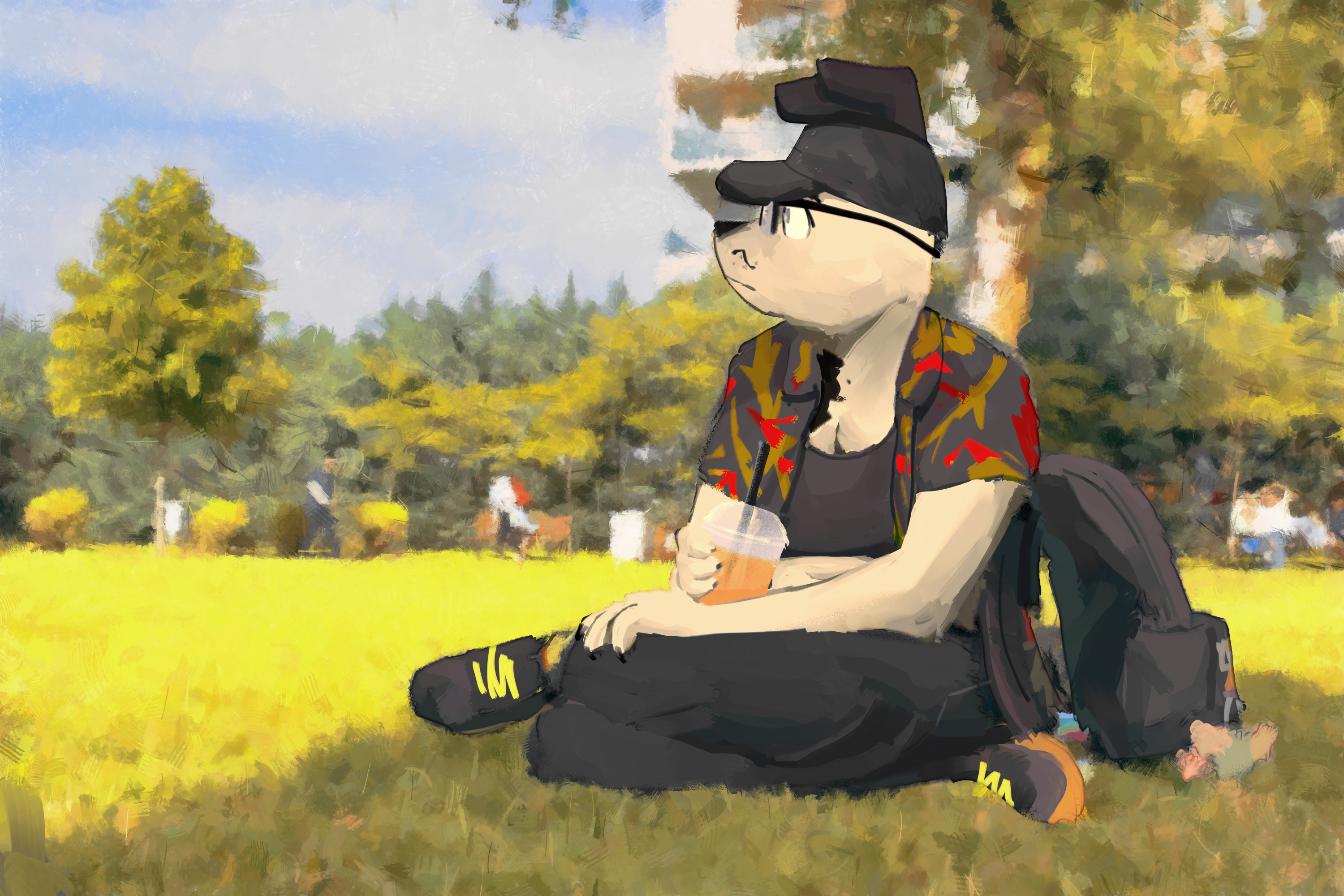Black and white dog with blue eyes in glasses, black cap, pants, crop top, green and red Hawaiian shirt, black and green boots. He sits in a park under a tree and looks somewhere. Near him, there's a black backpack with an acrylic drawing of himself and a rabbit plush attached to it (though it looks indistinguishable due to the roughly painted look of the image)
