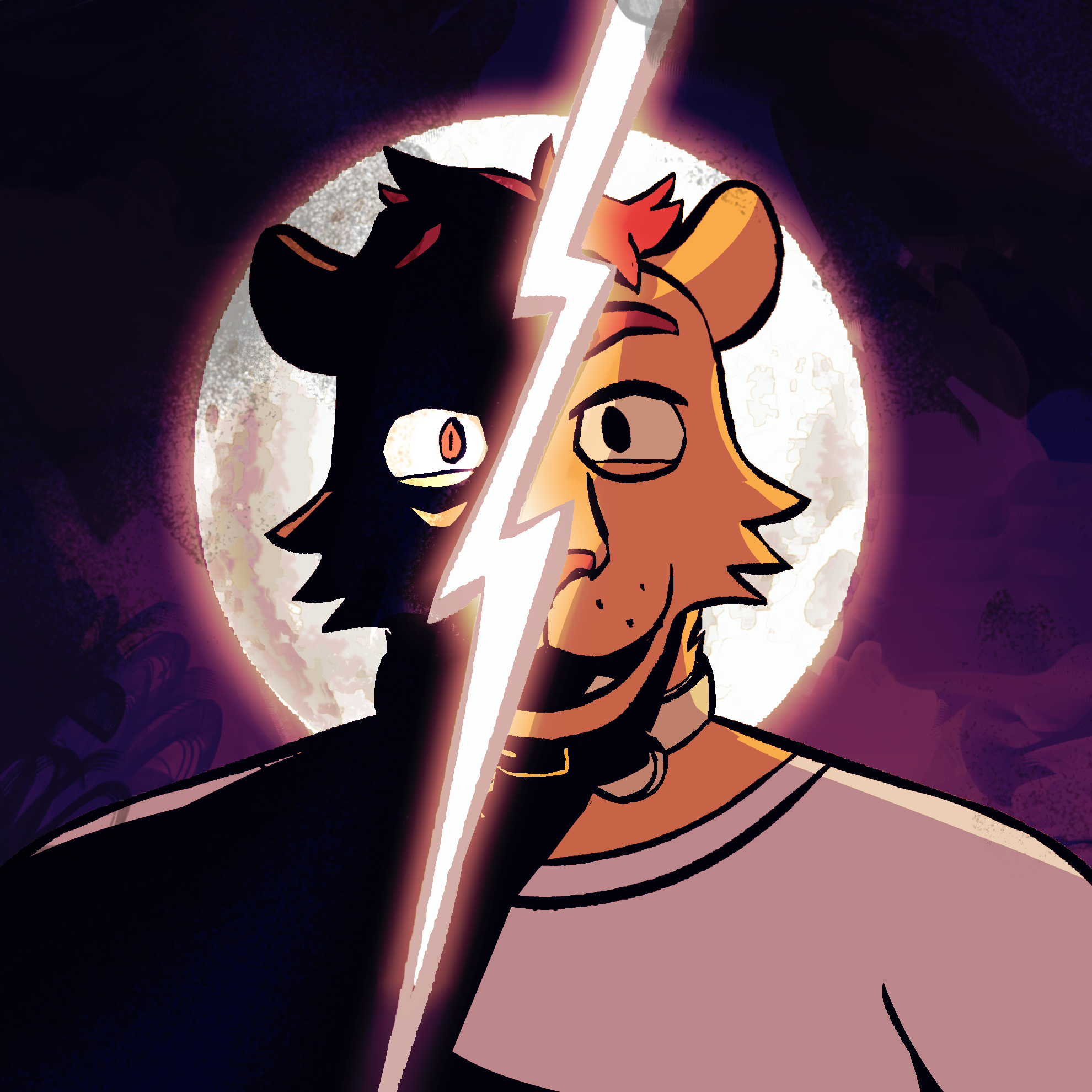 A lion with pink short mane stands and smiles at the viewer. He wears a white shirt and a collar. The background is a purplish dark sky and a bright moon behind the lion. The thunderbolt serves to the composition as a dividing line between his regular side and evil side, that instead of a cartoonish eye with no irises has a pink iris and the pitch black shading