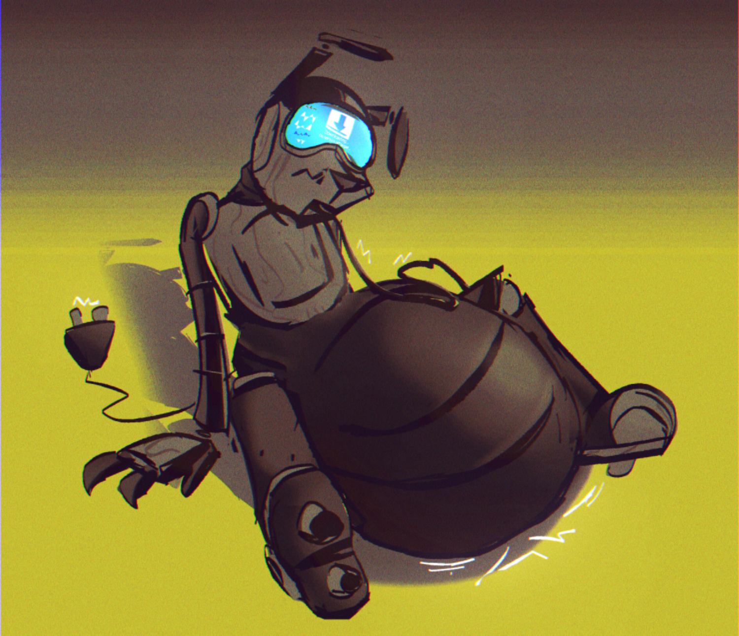 E.R.M., a mostly wooden robot dog is sitting somewhere with a USB plugged in his mouth, he's in bootloader mode that looks similar to Samsung phone and you can see that on his visor. His pivotal joint that looks similar to how it is in accordion buses got noticeably inflated