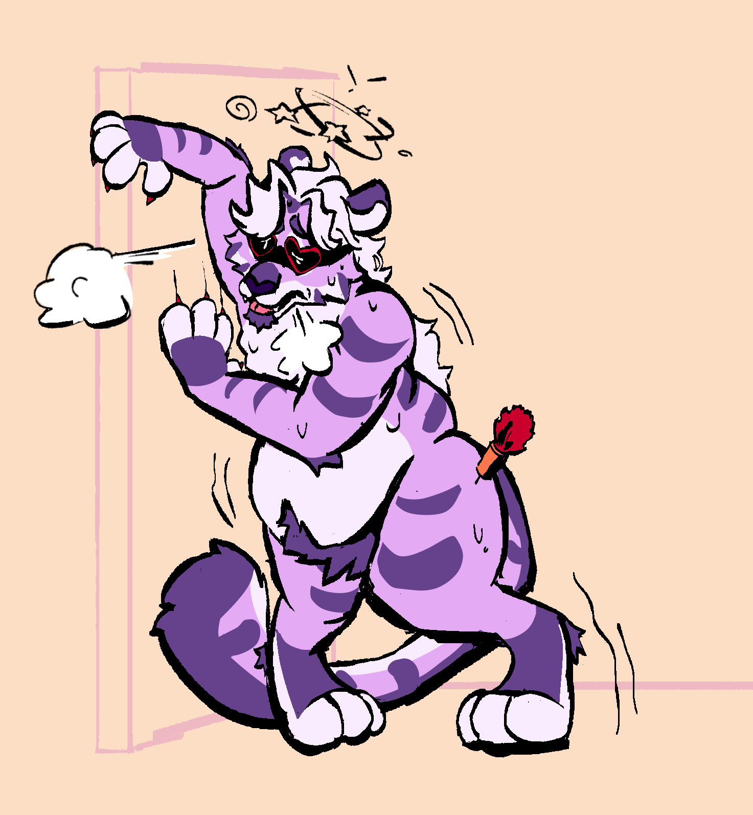 Purple tiger with white hair and heart shaped black and red goggles got shot with tranquilizer dart and has trouble standing. He's desperately clinging to the wall, panting and sweating, he also looks distressed