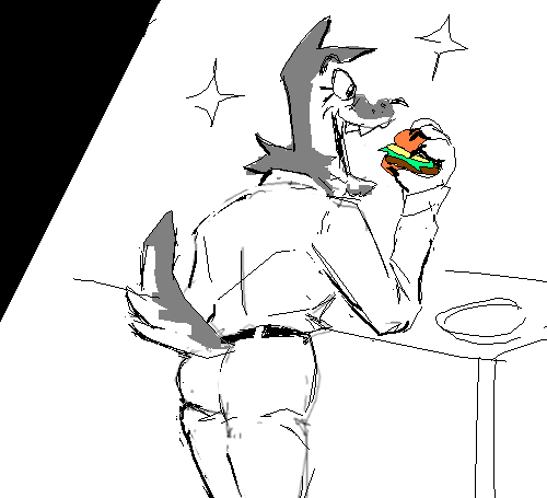 Ben happily eating burger with the view on his back and cake. The most of the drawing is monochrome except the burger