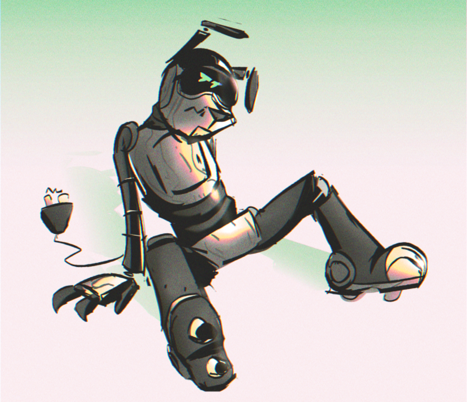 E.R.M., a mostly wooden robot dog, just sitting there somewhere on the floor in relaxed position and neutral expression. The overall drawing has sketchy lines but is rendered