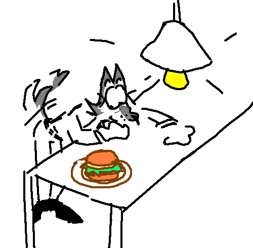 Ben, a wolf, stands at the table and looks at the burger, he wags his tail. Burger and light bulb are colored, everything else is monochrome