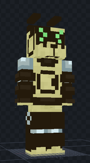 Minecraft skin of E.R.M., a wooden robot dog with black visor and limbs and green eyes