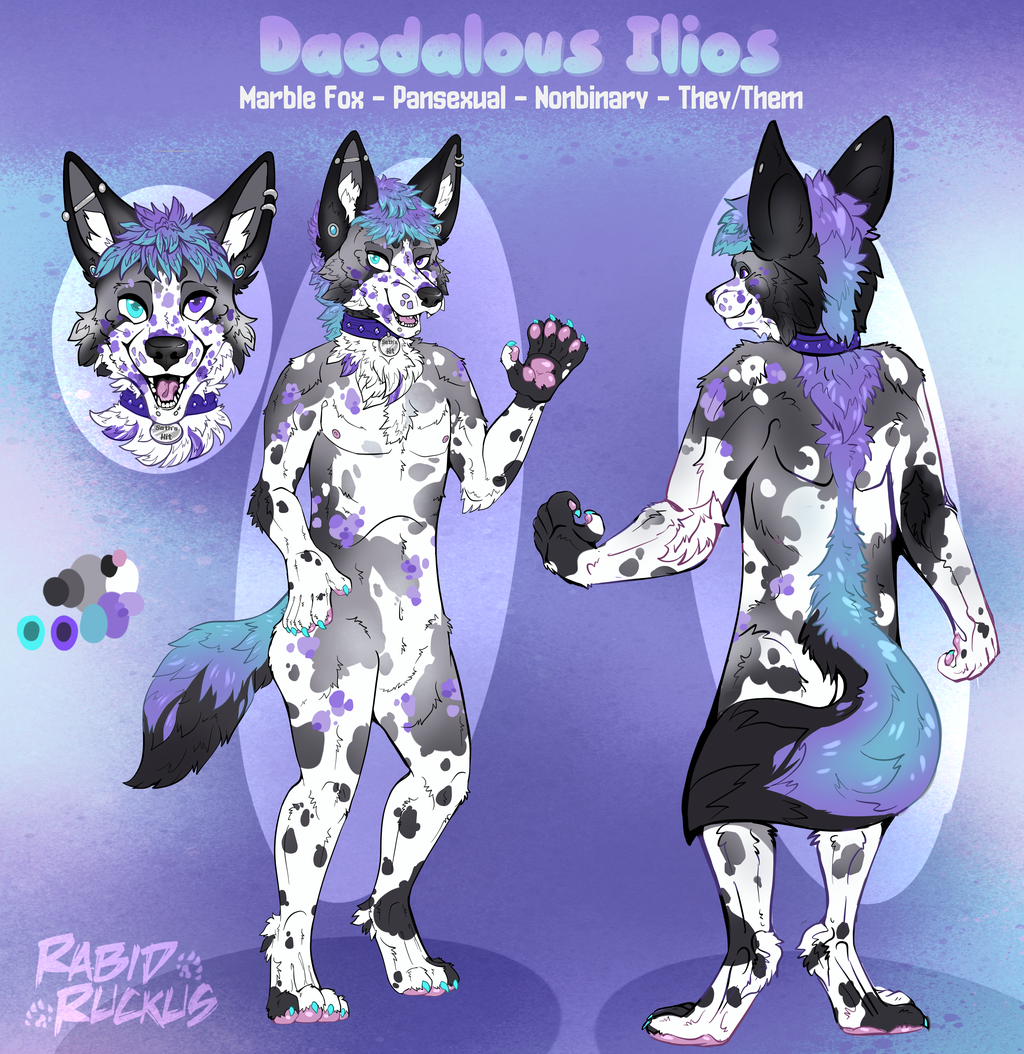 A marble fox with cyan and purple hair, a helix piercing in their left ear, an industrial bar in the right ear, and snake bites in their lips. Their body and face are covered in purple spots. Their eyes are heterochromatic; the right eye is cyan and the left is purple. Their back has a trail of cyan/purple gradient fur extending all the way from the base of their hair to the tip of their tail. Their claws are painted cyan as well, and their paw/hand beans are pink.

Their name is Daedalous Eros (but you can call them Dae for short), their pronouns are they/them, and they are pansexual.