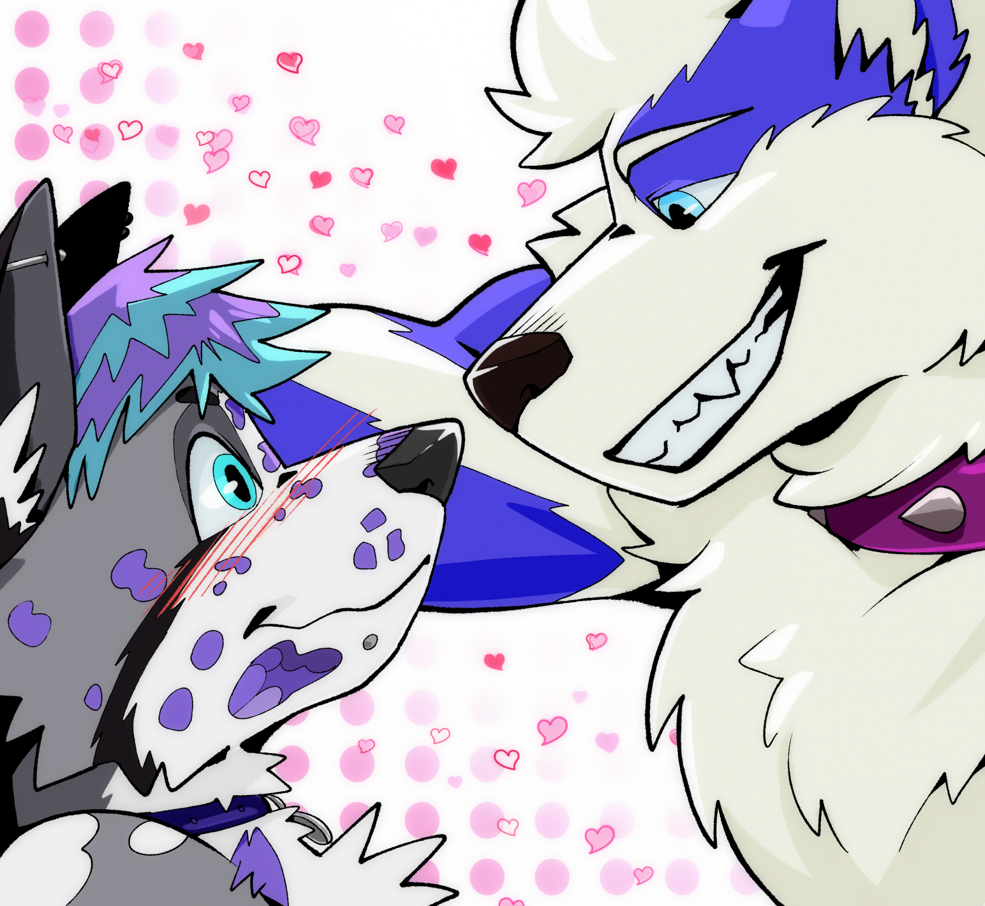 A picture of my boyfriend's fursona pinning mine to the side of the frame and grinning down at him. My own is smiling shyly in return with a blush along his face. The background is dotted with hearts. The fox is wearing a blue collar and the arcanine is wearing a purple one with spikes.
