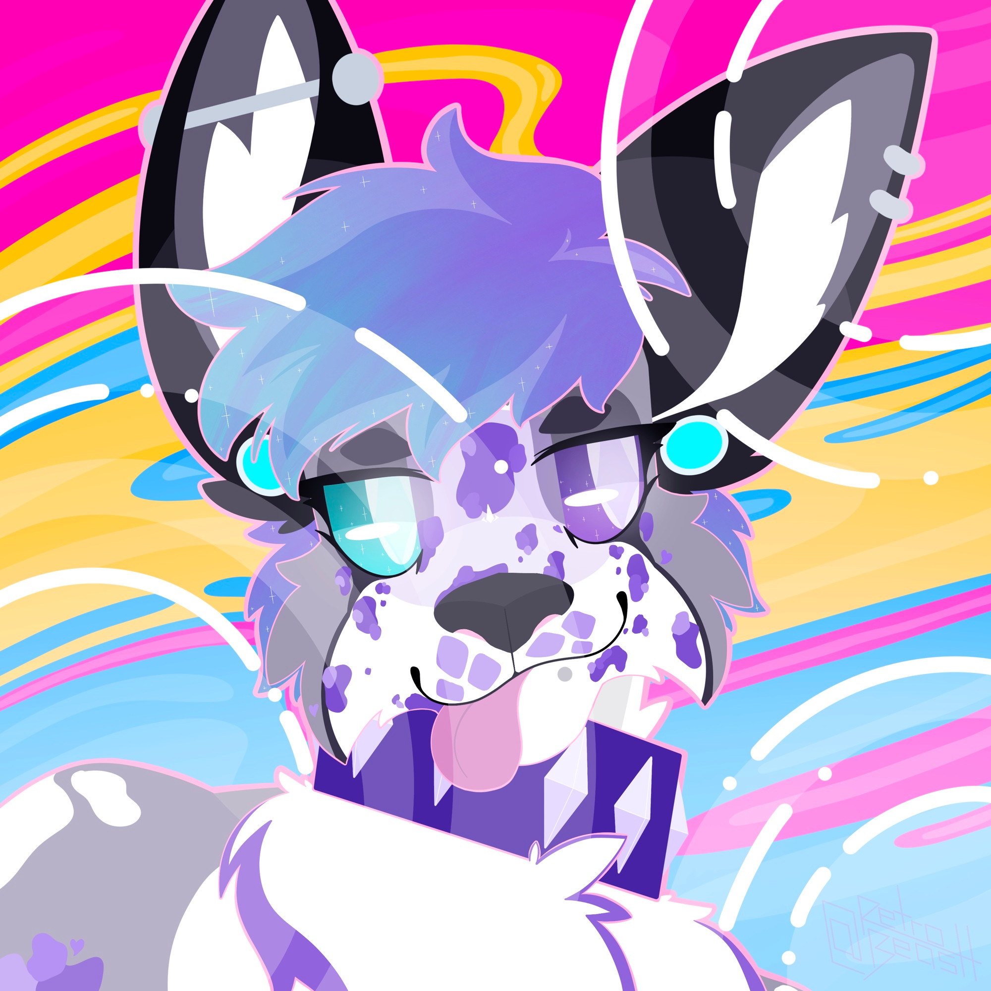 An icon of my fursona, a marble fox with white and black fur. Their hair is purple with cyan tips and they have purple splotches over their face and body. They have a cyan eye and the other eye is winking. Their right ear has an industrial bar piercing while the left ear has a helix and their lips have snake bites. The base of their ears has blue capped studs.  Around their neck is a blue collar with a tag reading "Seth's Kit." The background features the pan pride colors of pink, yellow and blue in wavy strips with the colors mixing with one another.