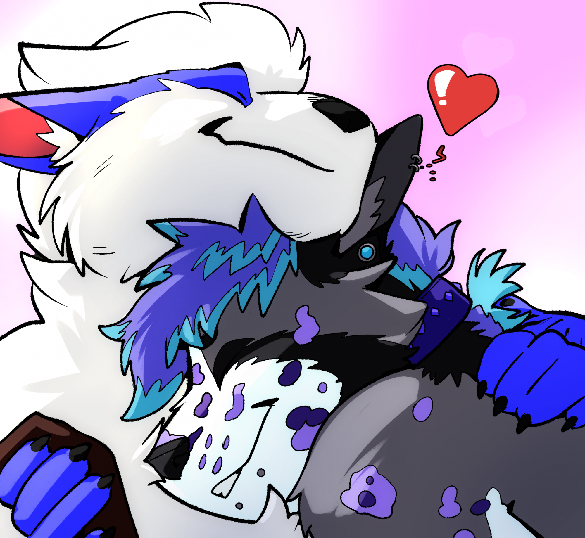 A picture of my fursona hugging my boyfriend's fursona, a blue and white color Arcanine with a heart emoji floating between them. Both of them are smiling with joy as they share the affection. The background is a soft, cloudy pink color.